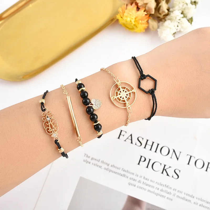 300pcs/lot Hot Jewelry Compass Personalized Bracelet Black Hexagonal Diamond Set of 5 Bracelets for Women