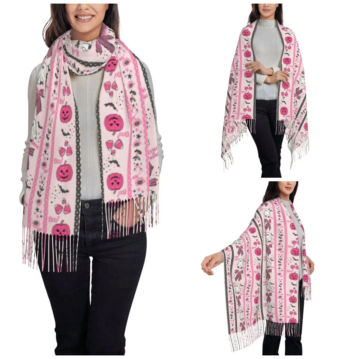 Pink Bows Pumpkin Halloween Ghosts Scarf for Women Winter Fall Cashmere Shawls and Wrap Single-sided Pattern Scarves with Tassel