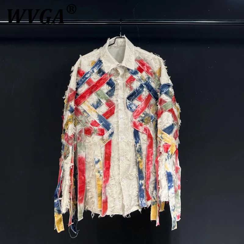 WVGA Shirt Spring Autumn New Man Tide High Street Patchwork Tie Dyed Vintage Trendy Niche Chic Casual Long Sleeve Top Ins W11225