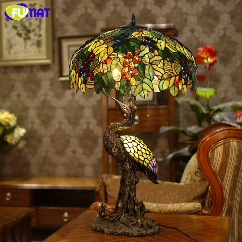 

Fumat Tiffany Table Lamp Vintage Stained Glass Grape Lampshade Crane Stand Desk Lamp Living Dining Room Bedside LED Home Decor