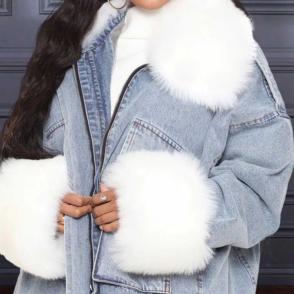 Plus Size Women\'s Plus Velvet Coat Light Blue Denim Long Sleeve Fur Warm Winter Zipper Casual Coat