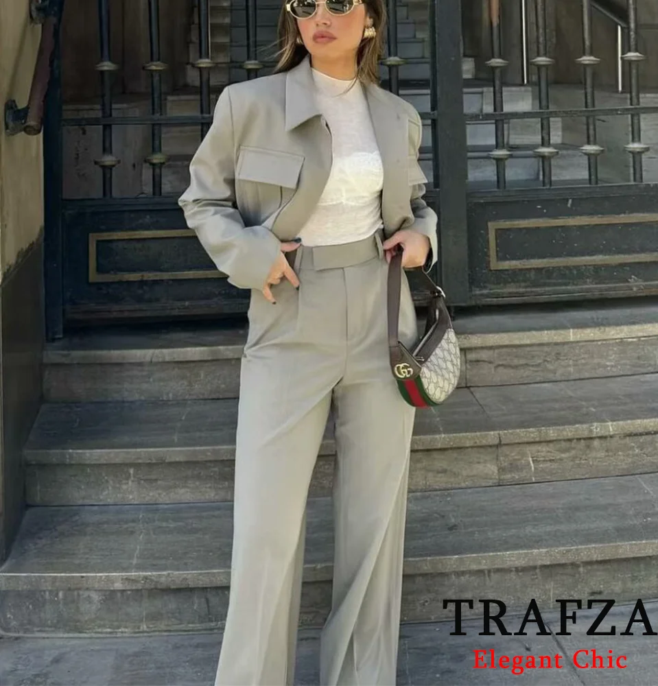 TRAFZA Casual Short Blazer Suit Women\'s Pockets Lapel Jacket with Pants New Spring Fall Outfit Holiday Commuter Blazer Suit