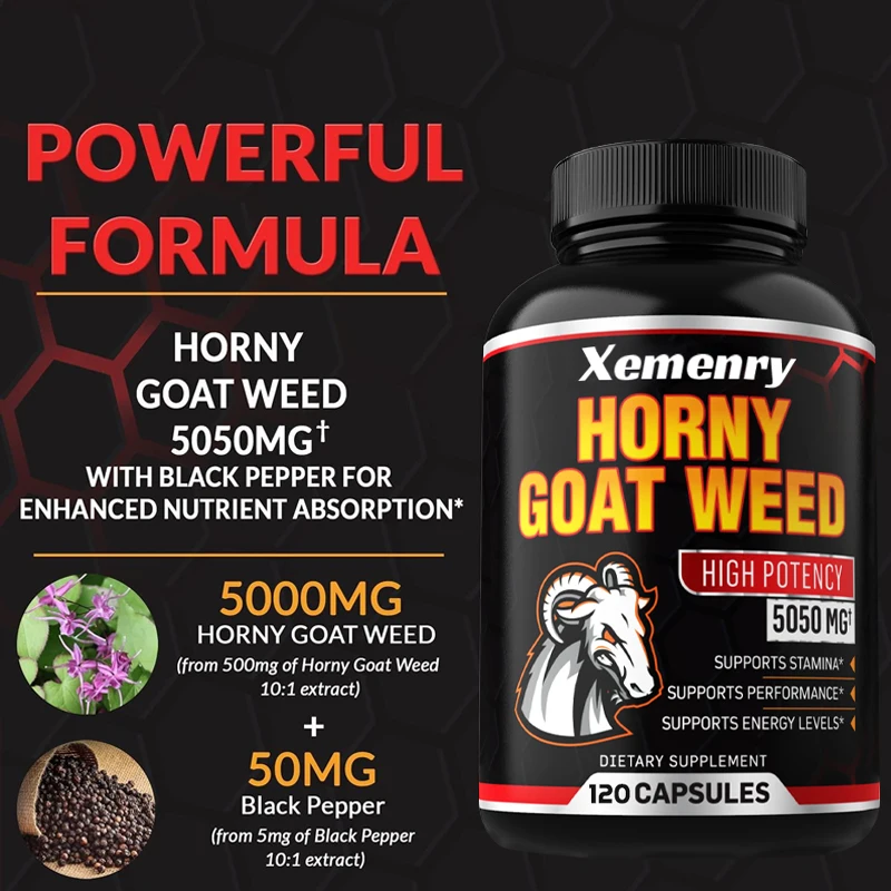 Horny Goat Weed Capsules 5050 mg - Contains Black Pepper Extract - Maximum Potency 120 Capsules