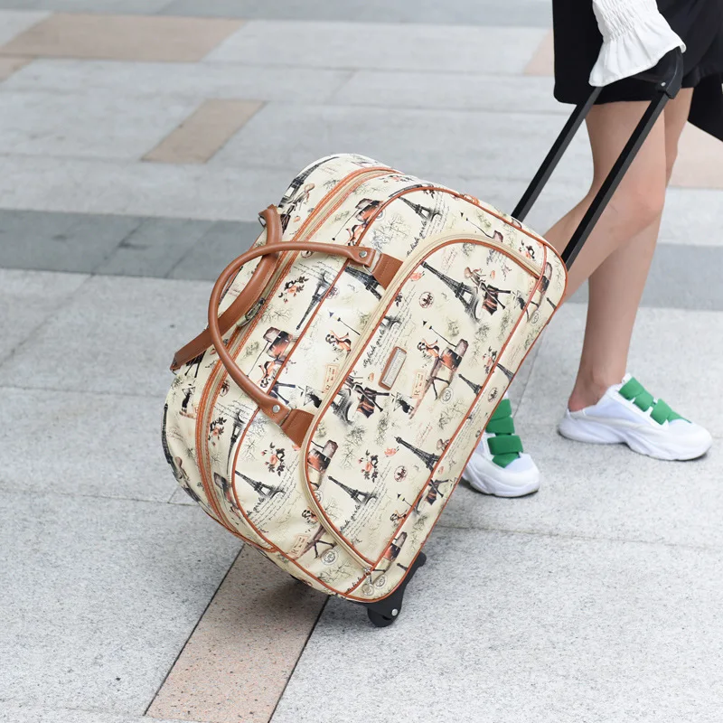 Women Travel Bag Trolley Suitcase PU Leather Large Capacity Waterproof Print Luggage Duffle Bag Men Tote on Wheels