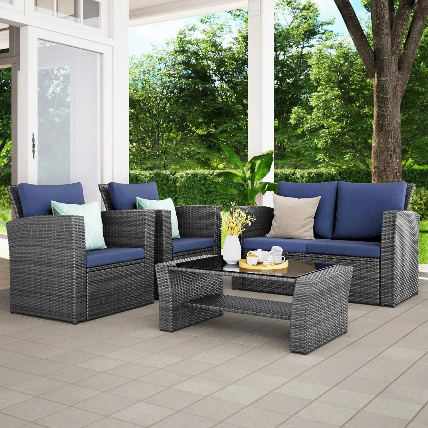 

Wisteria Lane 4 Piece Outdoor Patio Furniture Sets, Wicker Conversation Set for Porch Deck, Grey Rattan Sofa Chair with Cushion