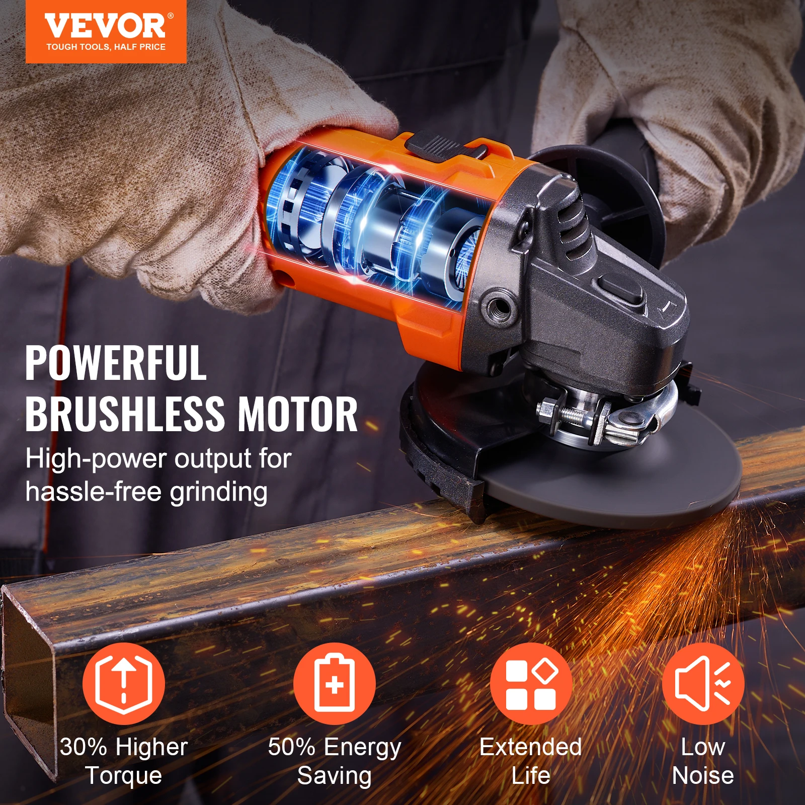 VEVOR Cordless Angle Grinder Kit 9000rpm Brushless Motor 3 Variable Speed Electric Grinder Power Tool for Polishing Rust Removal