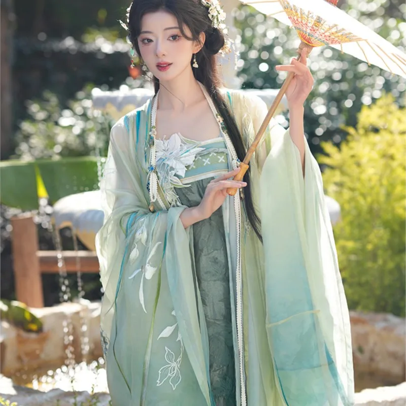 New Chinese Style Early Green Big Sleeve Shirt Embroidered Chest Dress Hanfu Women