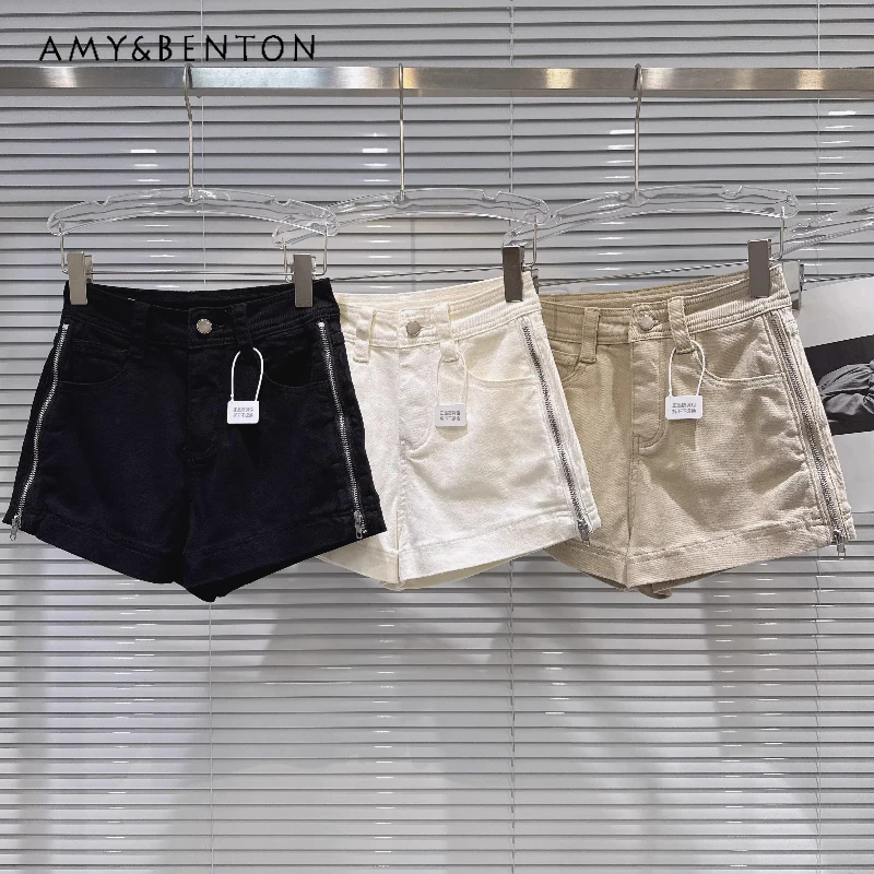 

Hot Girl Metal Zipper Design Women's Three-point Jeans 2026 Spring Summer New Sweet Cool Fashion Versatile Mini Shorts Ladies