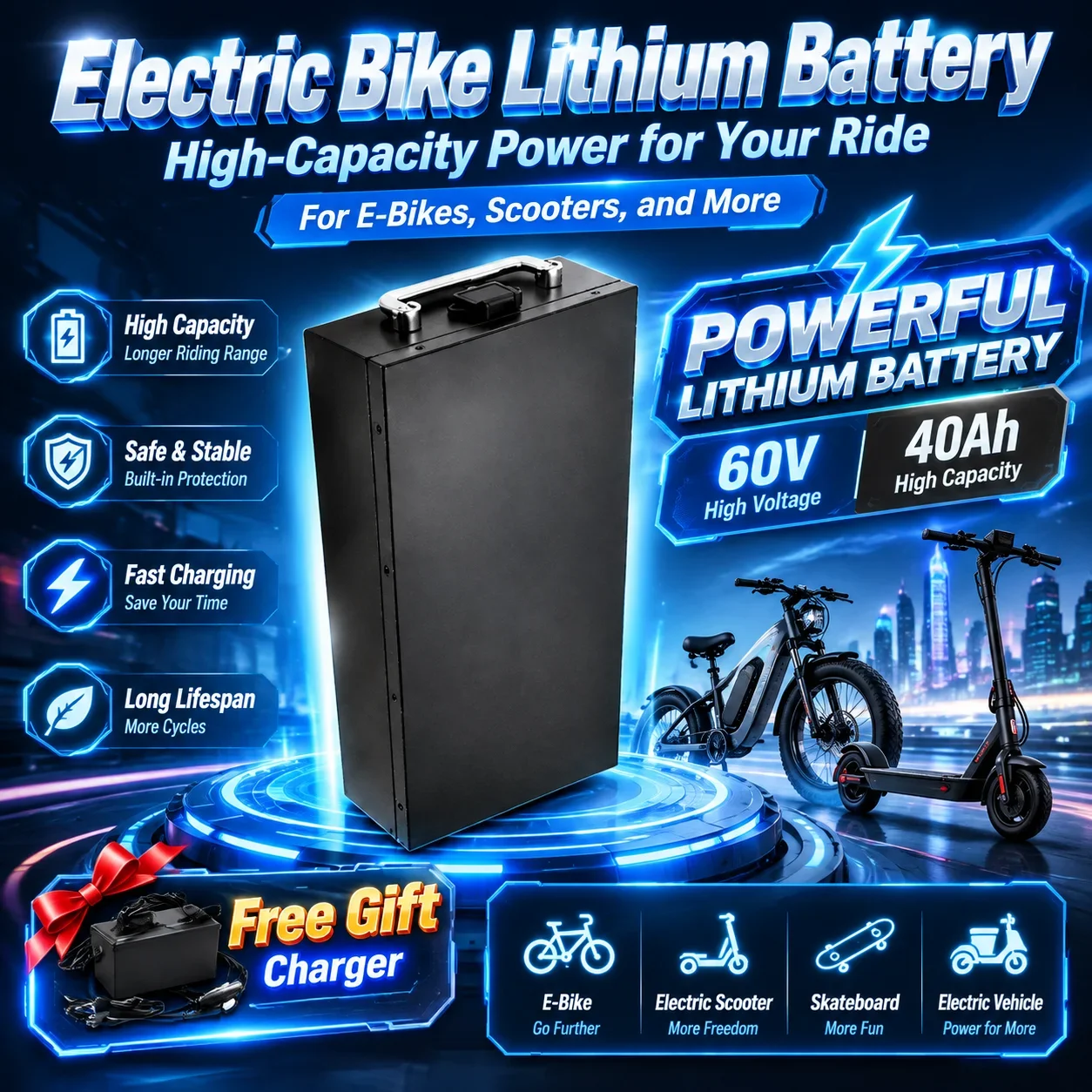 Pacco batteria agli ioni di litio da 60 V e 40 Ah per moto elettrica, batteria ad alta potenza per motore da 2000 W, adatta per scooter elettrici pieghevoli stile Harley, fornita con caricabatterie