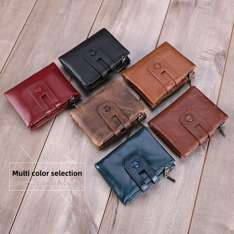 Dompet pria kulit asli, dompet pria kulit asli, sikat Anti Maling, ritsleting ganda, tempat kartu, tas tangan pendek Multi kartu Mode