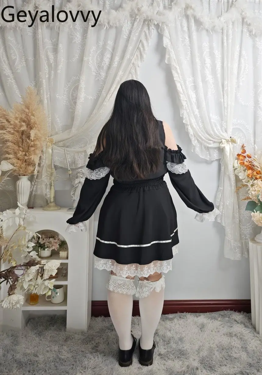 Oversize Landmine Style Sweet Lace Trim Tops Off-Shoulder Hollow Long Sleeve Shirt High Waist Tie Lightweight Short Skirt