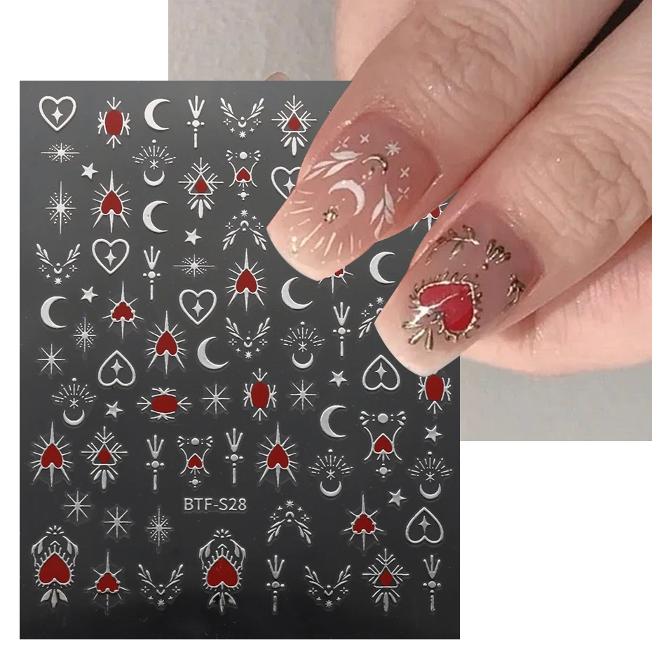 Red Heart Four Stars Moon Nail Sticker Rose Gold Silver Irregular Lines Set Of Stickers For Nails Sexy Starry Sky Decal BTF-S28