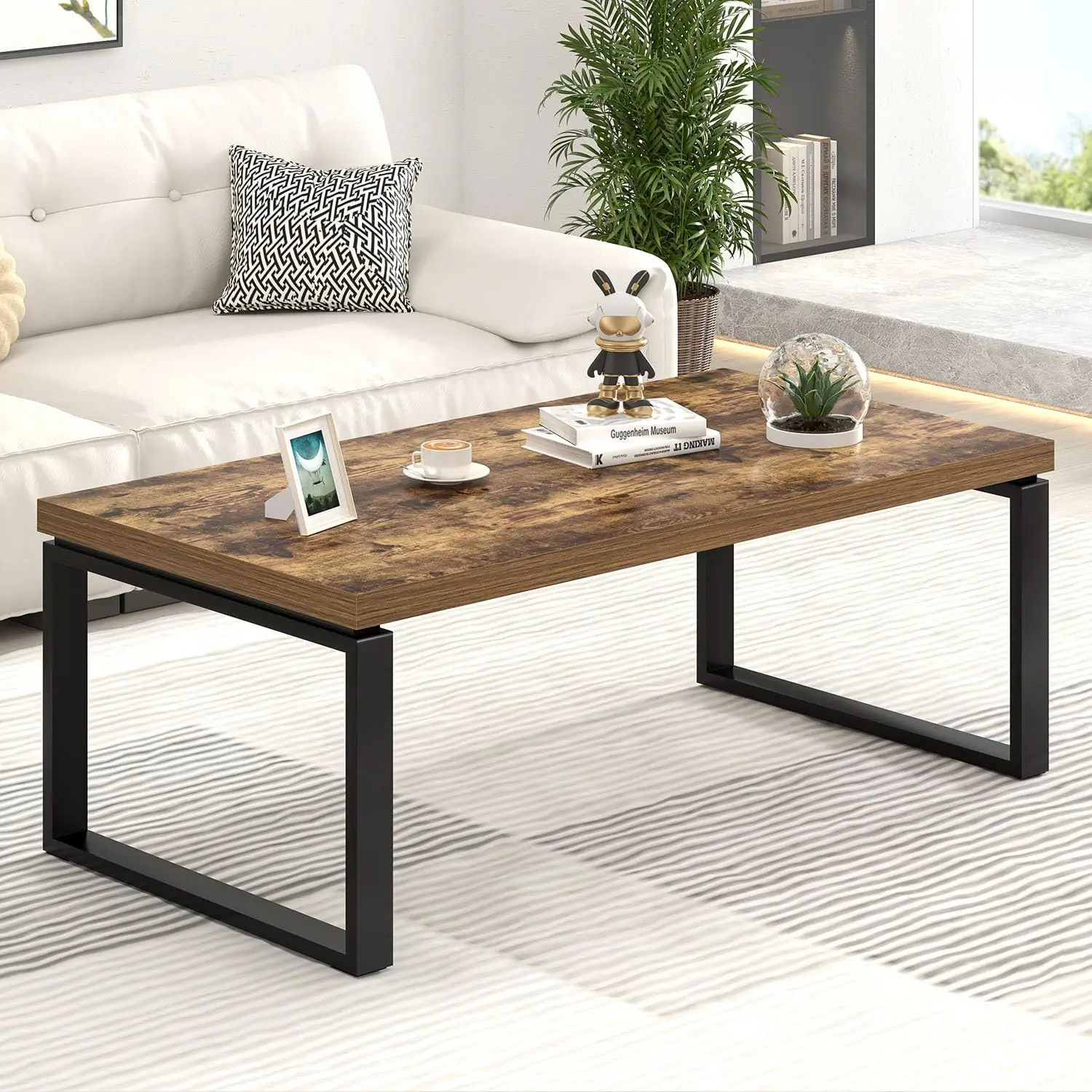

Modern Industrial Coffee Table, Rustic Brown Wood Metal Center Table, 47' for Living Room Home Office