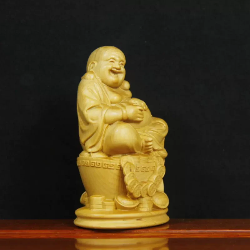 Cliff cypress wood carving gold ingot Maitreya Buddha ornament home office attract wealth feng shui auspicious decor handicraft