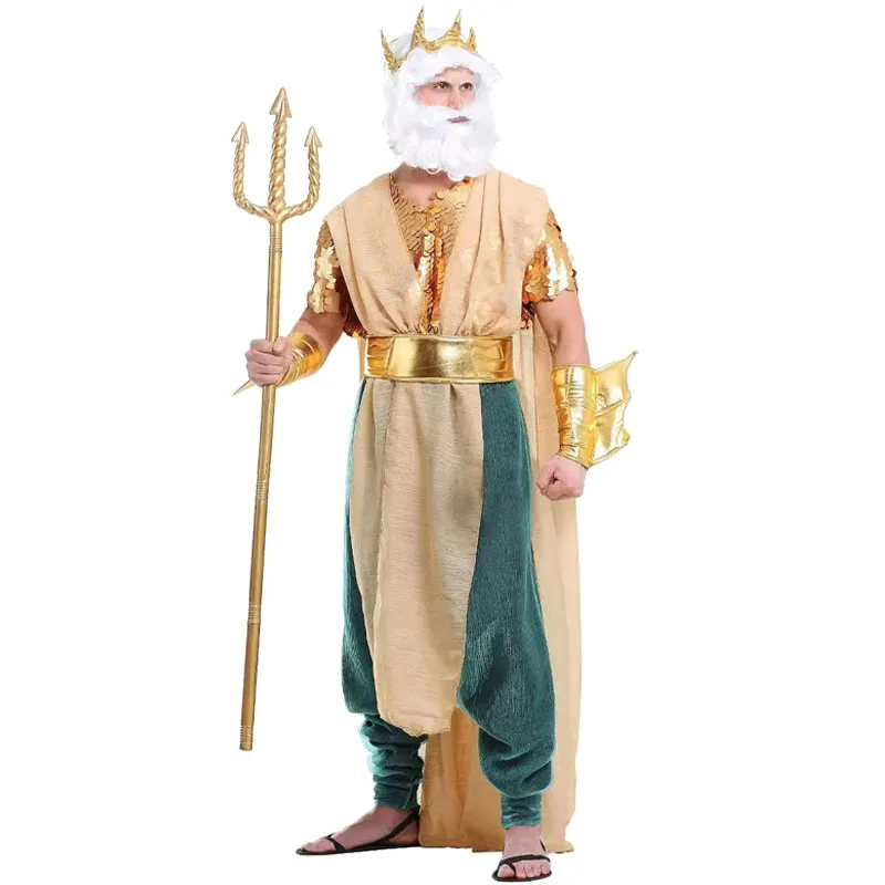 Adult Couple Sea King Costume Women Mermaid Queen Dress Men Sea God King Costume with Headdress Belt Cuff