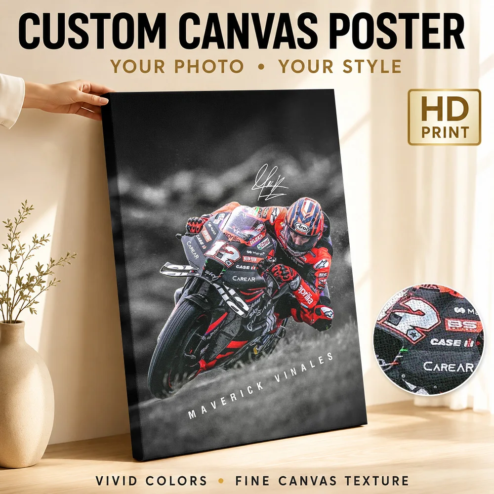Maverick Vinales Motorcycle Racing Framed Canvas Print Poster Bold Style Wall Art With Customized Photo For Study Ideal Fan Gift