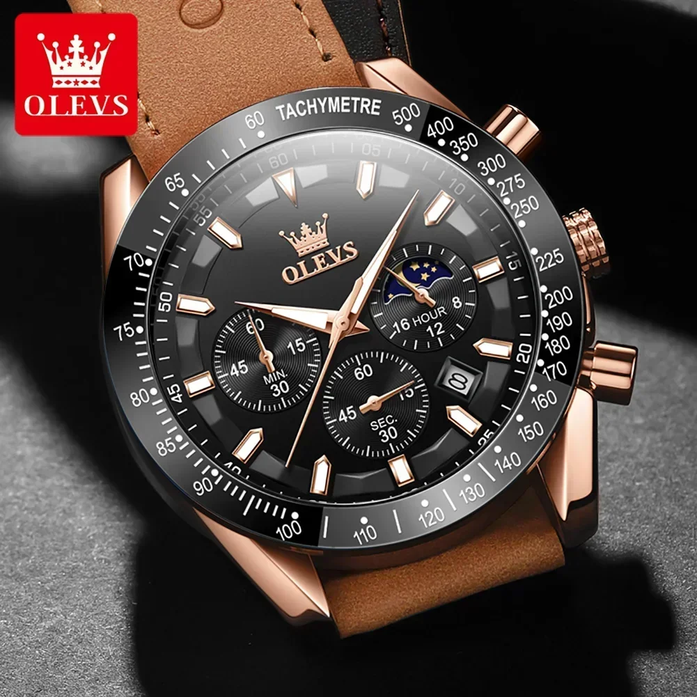 OLEVS 9957 Genuine Leather Strap Sport Watch For Men, Quartz Multi-function Waterproof Men Wristwatch Luminous Chronograph