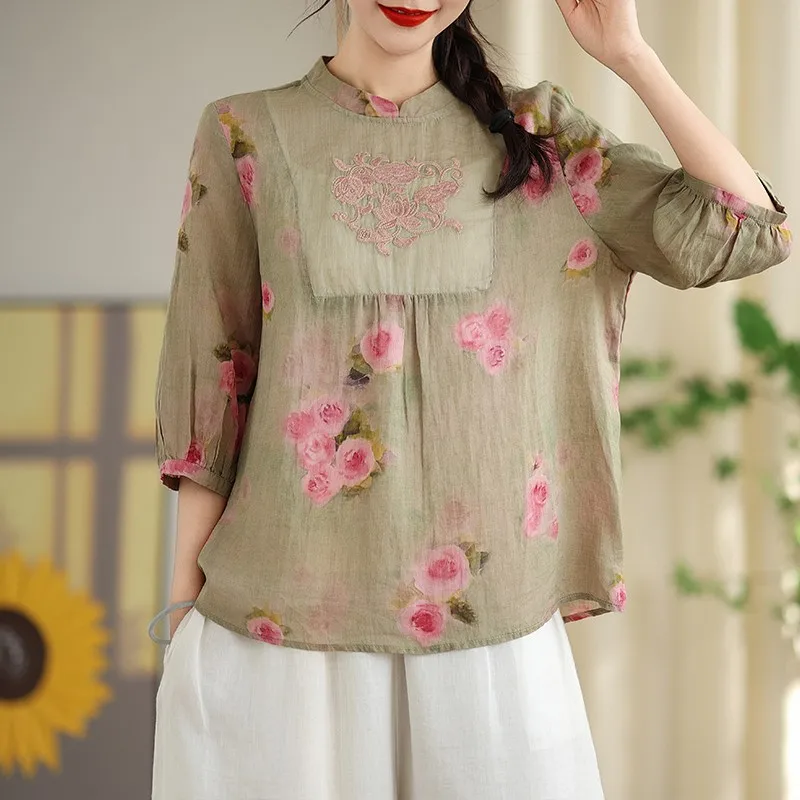 Women Casual Blouses Shirts New 2024 Summer Chinese Style Vintage Embroidery Floral Print Loose Female Tops Shirts B3862