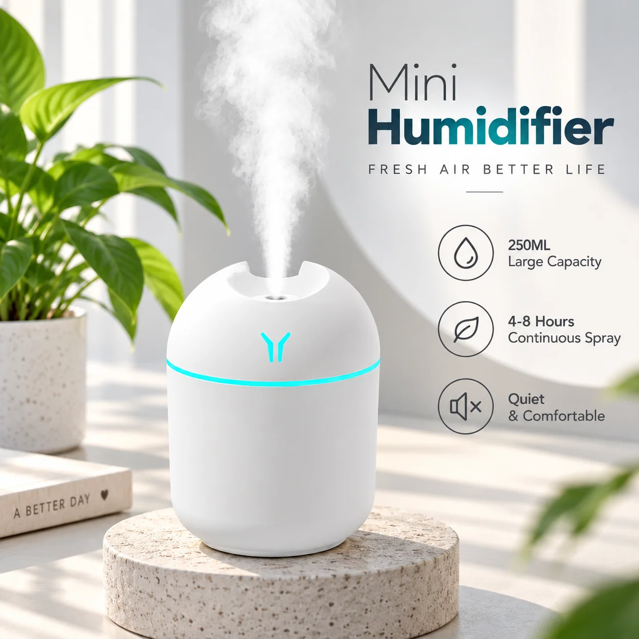 250ML Mini USB Air Humidifier Aroma Diffuser Essential Oil Cool Mist Maker RGB LED Night Light Quiet for Home Car Office Bedroom