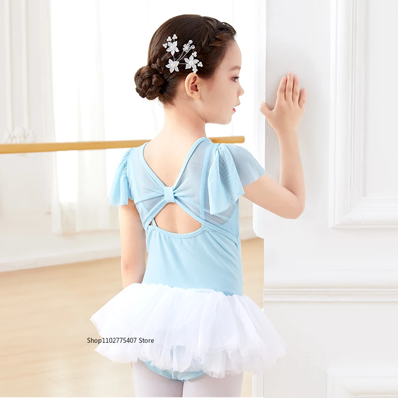 Girls Ballet Dress Short Sleeve Ballet Leotard Gymnastics Leotards Ruffles Smocked Training Leotard Two-Pieces Dancing Bodysuit