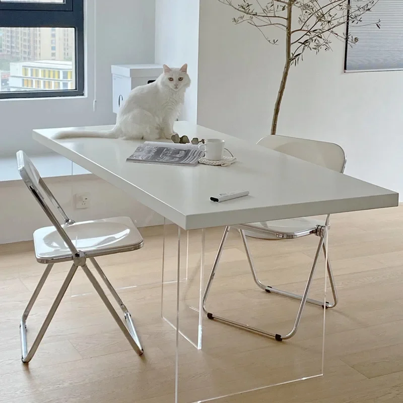 

Acrylic Solid Wood Dining Table And Chair Combination Simple Pure White Apartment Suspended Rock Slab Dining Table Acrylic Legs