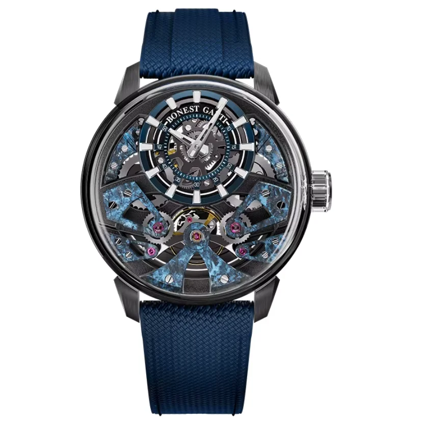 BONEST GATTI Men Automatic Watch 44mm Mechanical Wristwatch Skeleton Carbon Fiber Luminous Dial Sapphire Quick Release FKM Strap