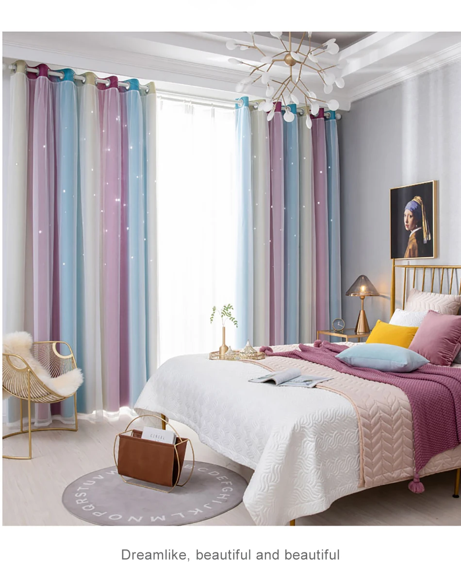 Hollow Star Blackout Curtains  Window Polyester Custom Made Creative Kitchen Curtain Drapes for Living Room Blue Pink 2372-P