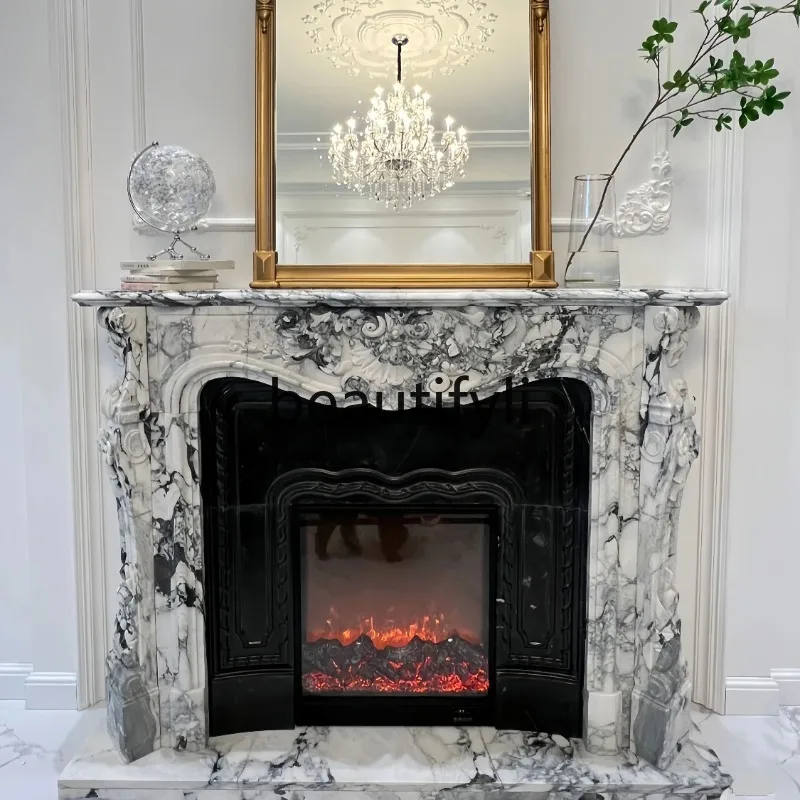 

Marble natural white flower French carved fireplace living room light luxury ornament customization