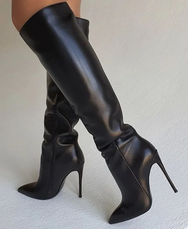

Sexy Black Leather Pointed Toe Knee High Boots Zipper Thin Heels Woman Winter Long Boots Wide Calf Runway Dress Shoes Size42