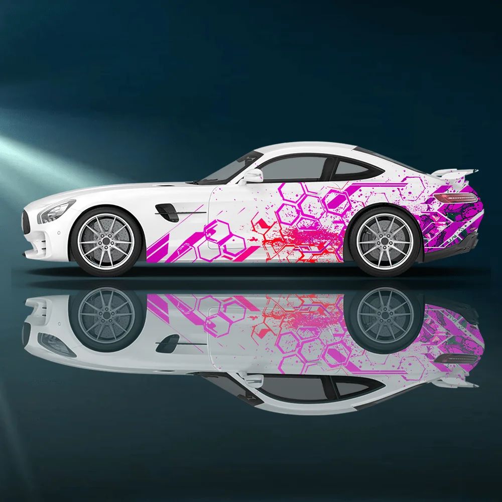 Cyberpunk Tech Line Splashing Honeycomb Car Sticker Full Body Floral Decoration Covering Scratches Protective Car Sticker