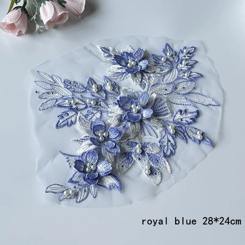 1Pcs 3D Flower Lace Patch Blue Applique Mesh Embroidery Fabrics Beaded Patches Sewing Cloth Wedding Evening Dress Decora DIY