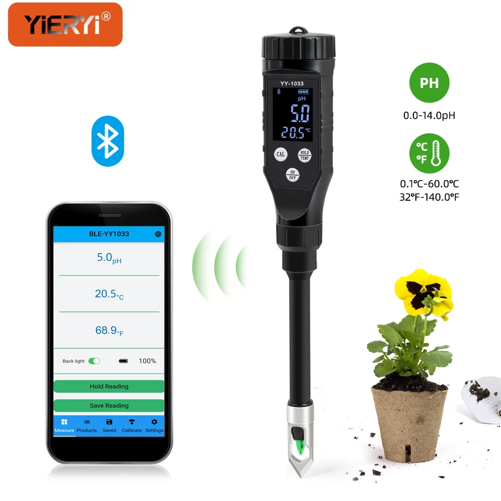 YIERYI Bluetooth Soil pH Meter PH Tester for Soil Garden Hydroponics Large LCD Display Real-time Data Sync for Accurate Testing