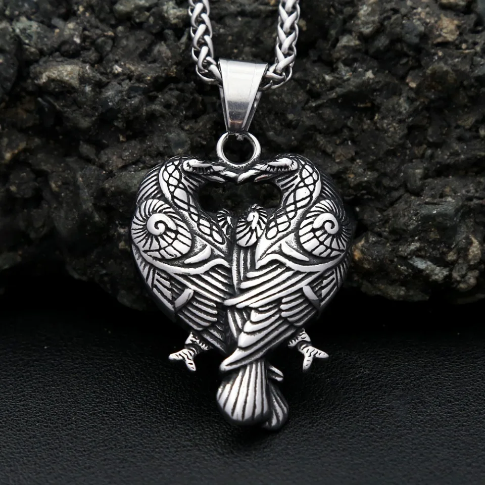 

Gothic Vintage Vikings Odin Double Raven Pendant Necklaces For Men Women Stainless Steel Nordic Amulet Jewelry Gifts Wholesale