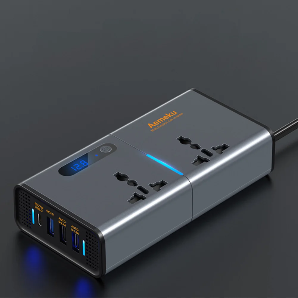 12 فولت/24 فولت إلى التيار المتناوب 220 فولت محول تلقائي نوع-C USB شحن سريع مقبس الشاحن شاشة ديجيتال سيارة العاكس محول الطاقة 4 منفذ USB