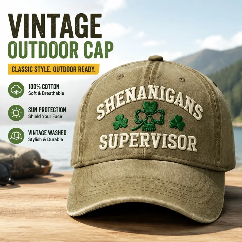 Pre-Worn Distressed Cotton Baseball Cap Playful Triple Leaf Cranium Letter Stitch Embroidery Open-Air UV Shield Peaked Headwear