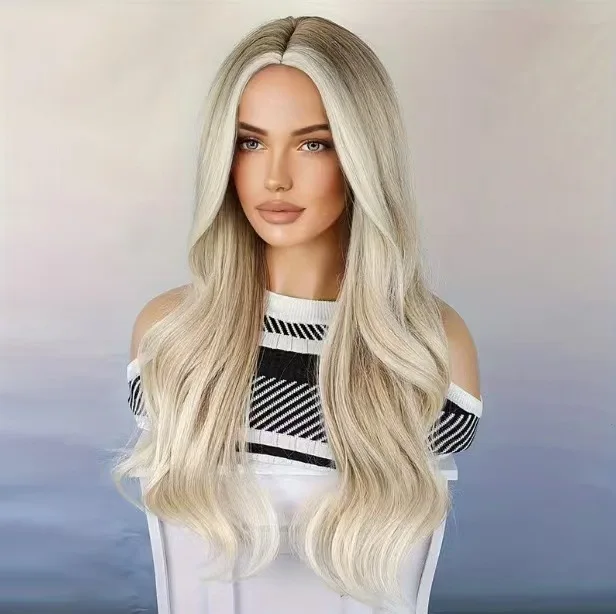 

Парик для женщин средней длины с прямой текстурированной прядью на всю голову, из синтетического волокна золотистого цвета.