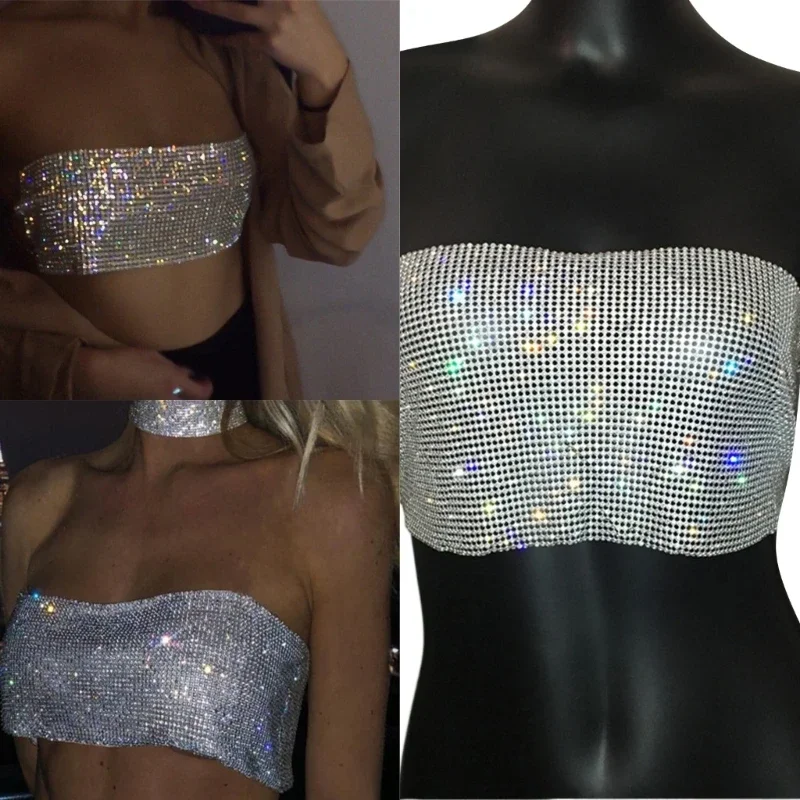 

Women Shinning Rhinestones Mesh Tube Top Jewelry Strapless Camisole Party Outfit Women Shinning Rhinestones Mesh Tube Top