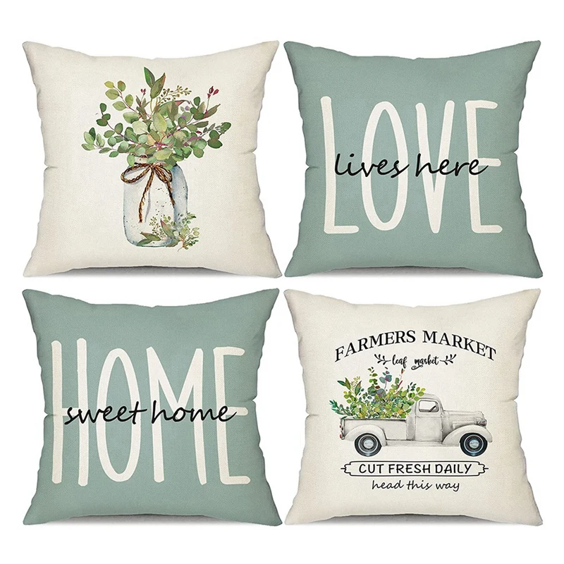 

Farmhouse Pillow Covers 18X18 Set Of 4,Eucalyptus Leaves Decorations Home Decor Cushion Case For Home