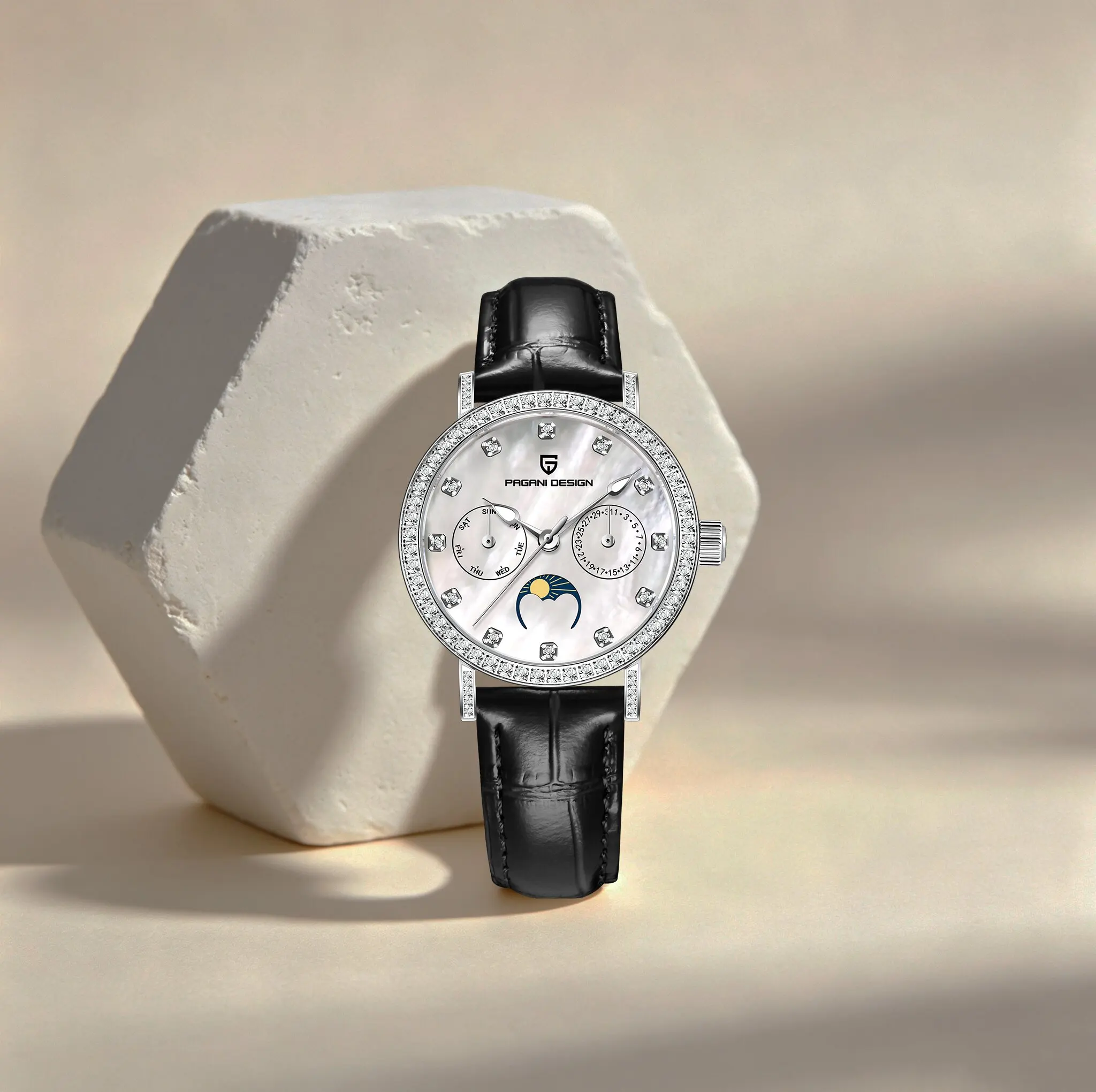 PAGANI DESIGN Luxury Exquisite Woman Quartz Watch Diamond-Set Moonphase Leather Week/Date Display Elegant For Daily Wear & Dates
