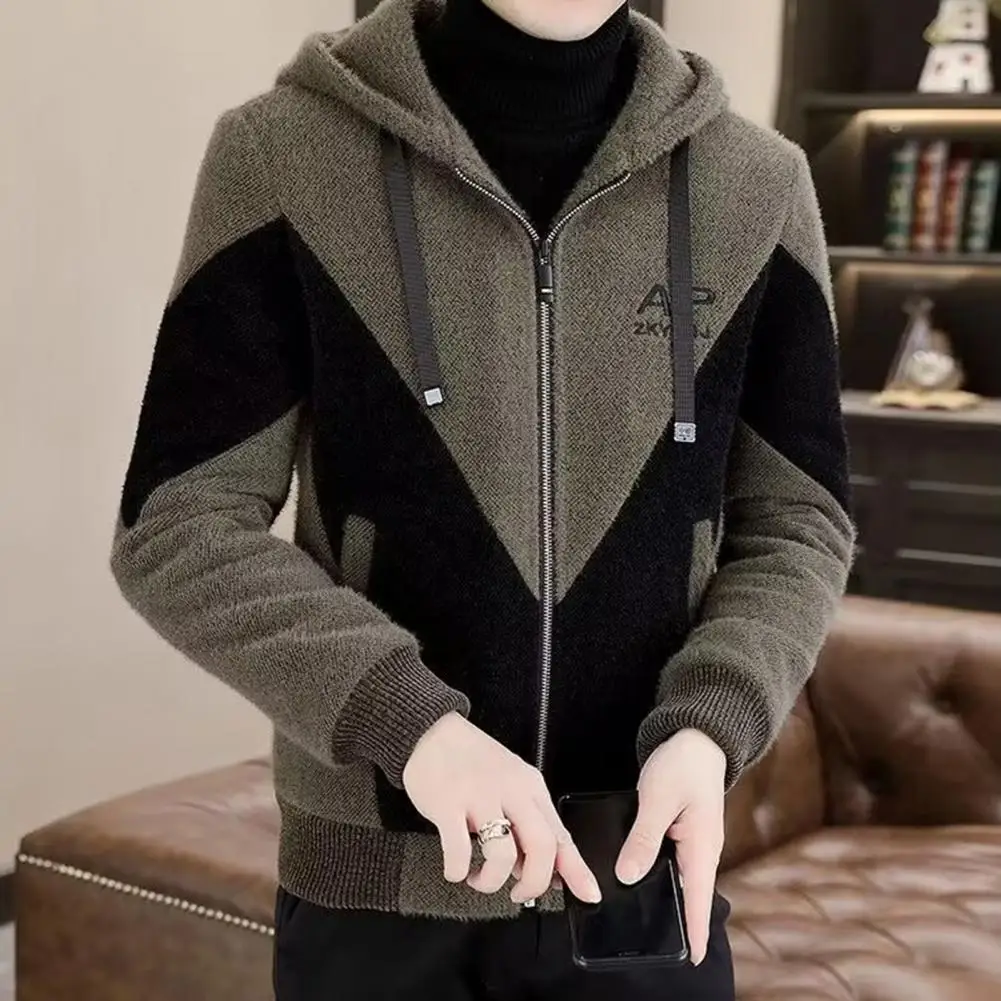 

Stylish Men Winter Coat Men's Hooded Drawstring Jacket with Color Matching Thick Soft Winter Coat for Plus Size Long for Men