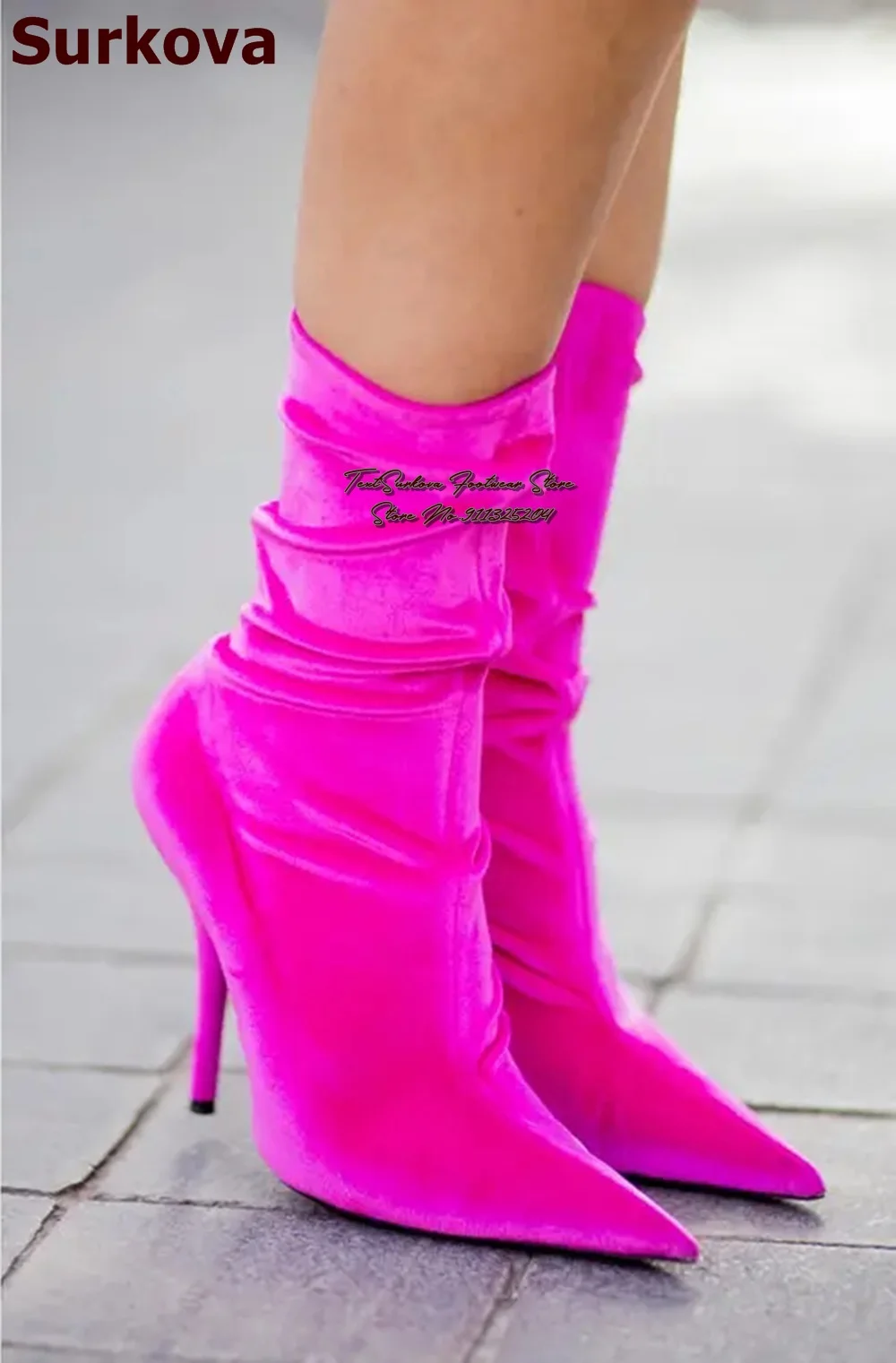 Surkova Hot Pink Velvet Ankle Boots Stiletto Heels Pointed Toe Booties Fantastic Women Dress Shoes Size46