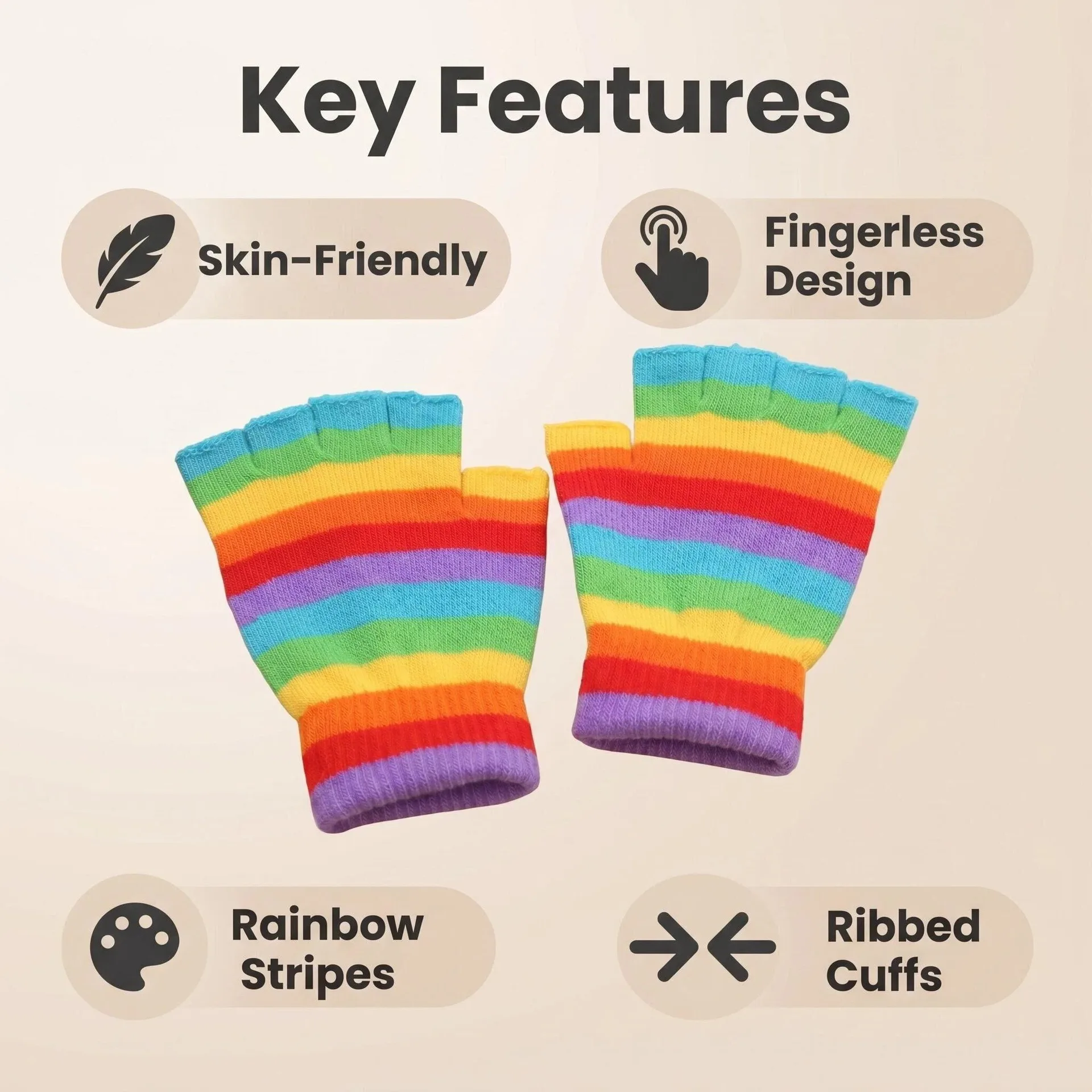 1pair Women Rainbow Striped Knit  Winter Gloves Thickened Warm Half-Finger Gloves for Students and Couples
