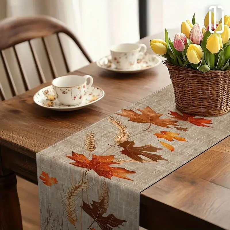 VIKAMA Fall Maple Leaf Wheat Table Runner Autumn Harvest Print Thanksgiving Home Kitchen Dining Table Party Decor Runner
