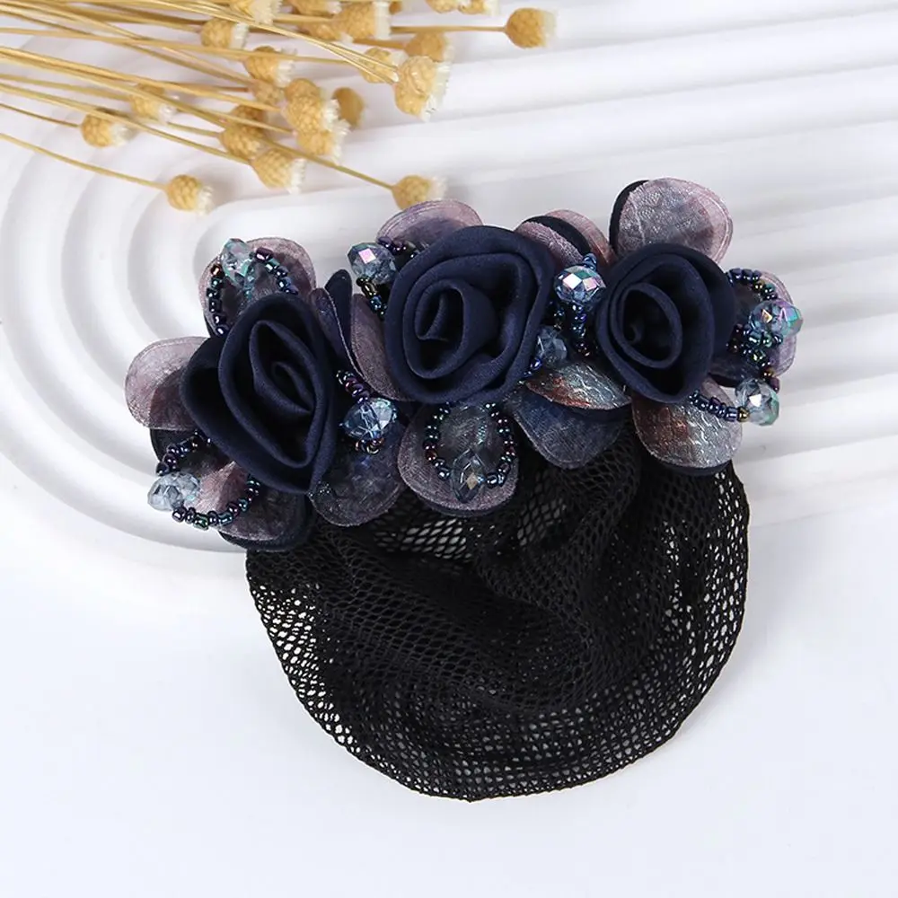 Crochet Hair Clip Nurses Mesh Floral For Flight Attendant Women Bun Net Flower Bun Snood Zircon Crystal Hairnet Cover