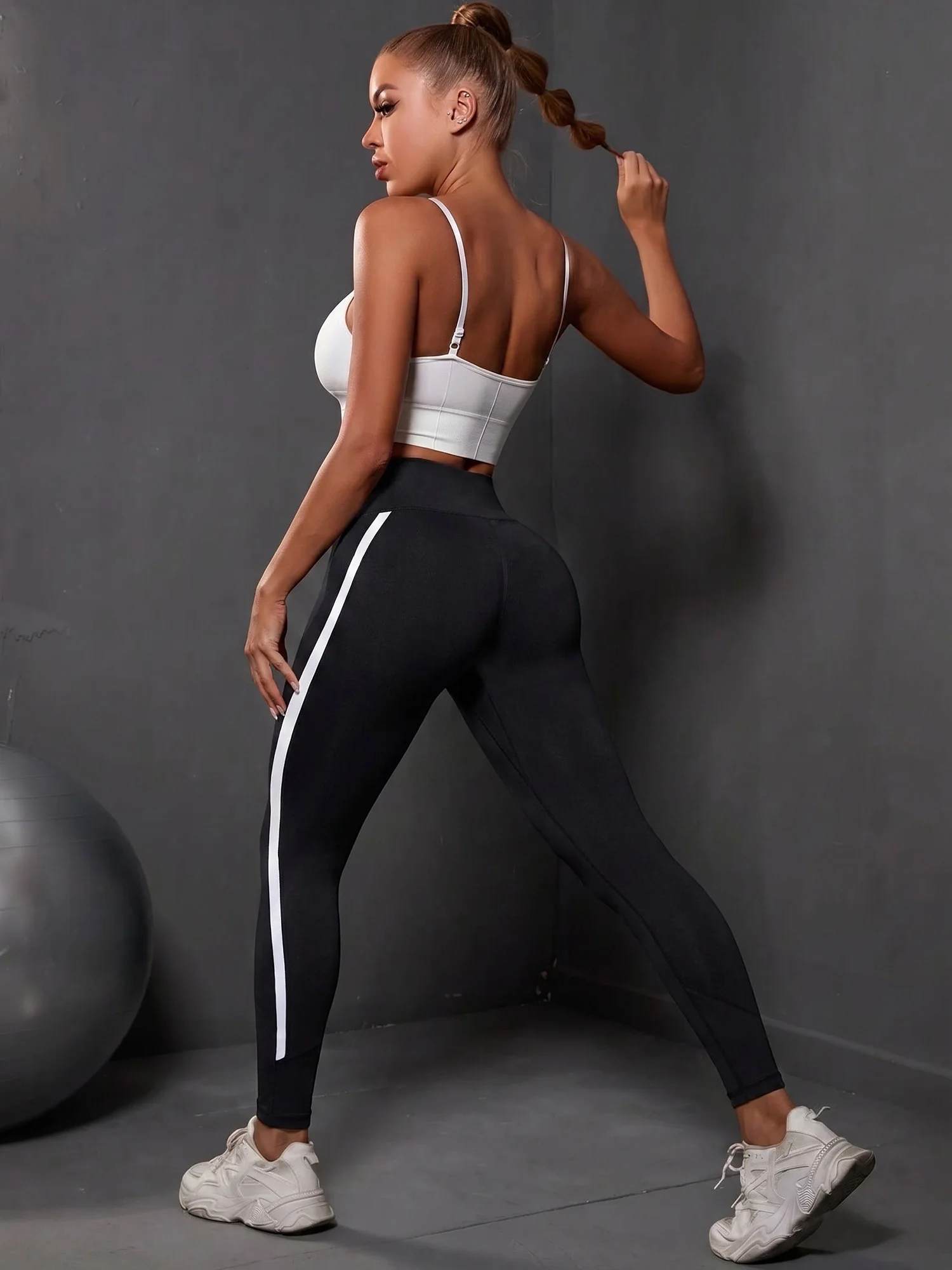 Ladies Figure Sculpting Fashion Leggings Black With Side White Curve Stripe Elastic Casual Trousers
