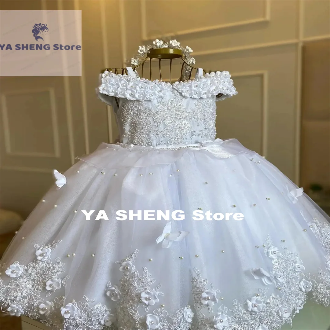 فستان بدون أكمام مع قوس للفتيات ، لؤلؤ أبيض ، فستان زهرة فتاة لحفل الزفاف ، فراشة ثلاثية الأبعاد ، حفلة عيد ميلاد ، فستان حفلة أميرة للكريسماس