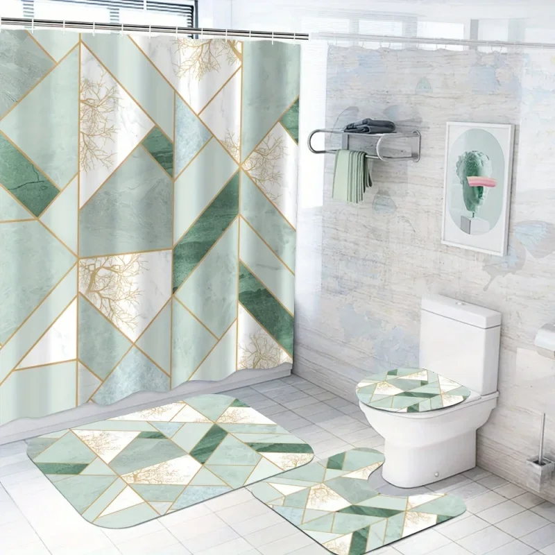 1/4pcs Green Geometric Marble Pattern Set, Shower Curtain With 12 Hooks, Non-Slip Bath , U-Shaped Toilet Mat,