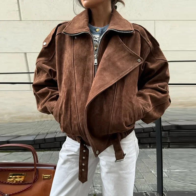 

Women's Belt Short Suede Jackets Loose Lapel Full Sleeve Zipper Female Coats 2025 Spring Lady Vintage Patchwork Outwear