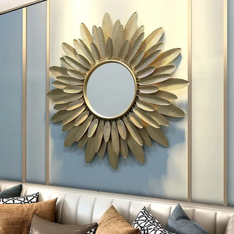 120CM Superior Quality Large Wall Art Mirror Gold Metal Frame Feather Modern Decorative Living Room Hanging