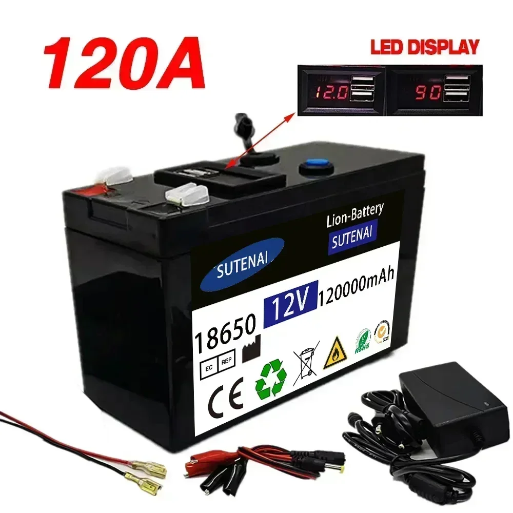 12V Battery 120Ah 18650 lithium battery pack Rechargeable battery for solar energy electric vehicle battery+12.6v3A charger